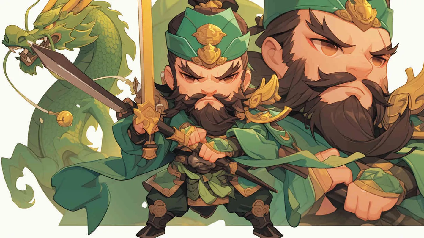Cute cartoon image of the Three Kingdoms character Guan Yu holding the Green Dragon Crescent Blade, IP image, full body, three views, front view of Guan Yu, side view of Guan Yu, green headband, big eyes, long beard, green cloak, more details, white background, Popmart style, blind box, cyberpunk. Full Length Shot(FLS),Front view --ar 1:1 --niji 6 (fast) - style3部分