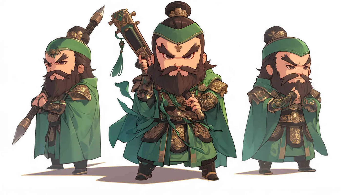 Cute cartoon image of the Three Kingdoms character Guan Yu holding the Green Dragon Crescent Blade, IP image, full body, three views, front view of Guan Yu, side view of Guan Yu, green headband, big eyes, long beard, green cloak, more details, white background, Popmart style, blind box, cyberpunk. Full Length Shot(FLS),Front view --ar 1:1 --niji 6 (fast) - style4部分