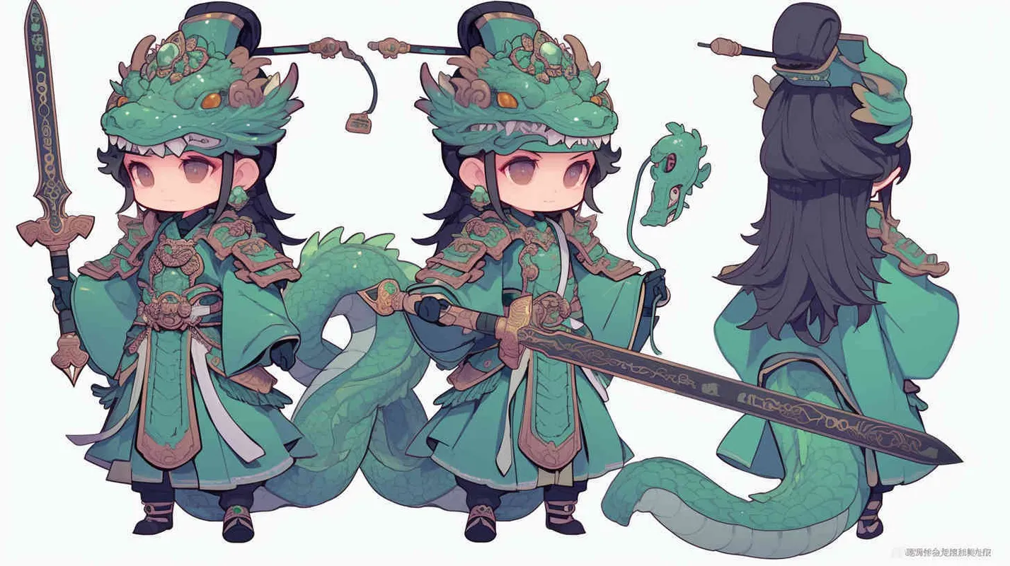 可爱的三国人物关羽手拿青龙刀的卡通形象，IP形象，全身，三视图，关羽的正面图，关羽的正侧面图，关羽的背面图，绿色的头巾，大眼睛，长胡子，绿色披风，更多细节，白色背景，popmart风格，盲盒，赛博朋克 - style2部分