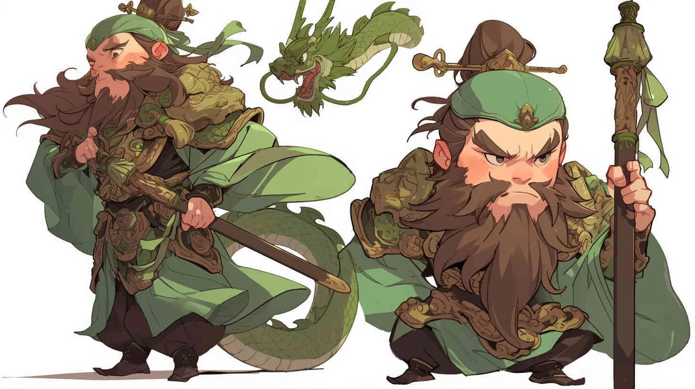三国人物关羽手拿青龙刀的卡通形象，IP形象，全身，三视图，关羽的正面图，关羽的正侧面图，关羽的背面图，绿色的头巾，大眼睛，长胡子，绿色披风，更多细节，白色背景，popmart风格，盲盒，赛博朋克 - style2部分