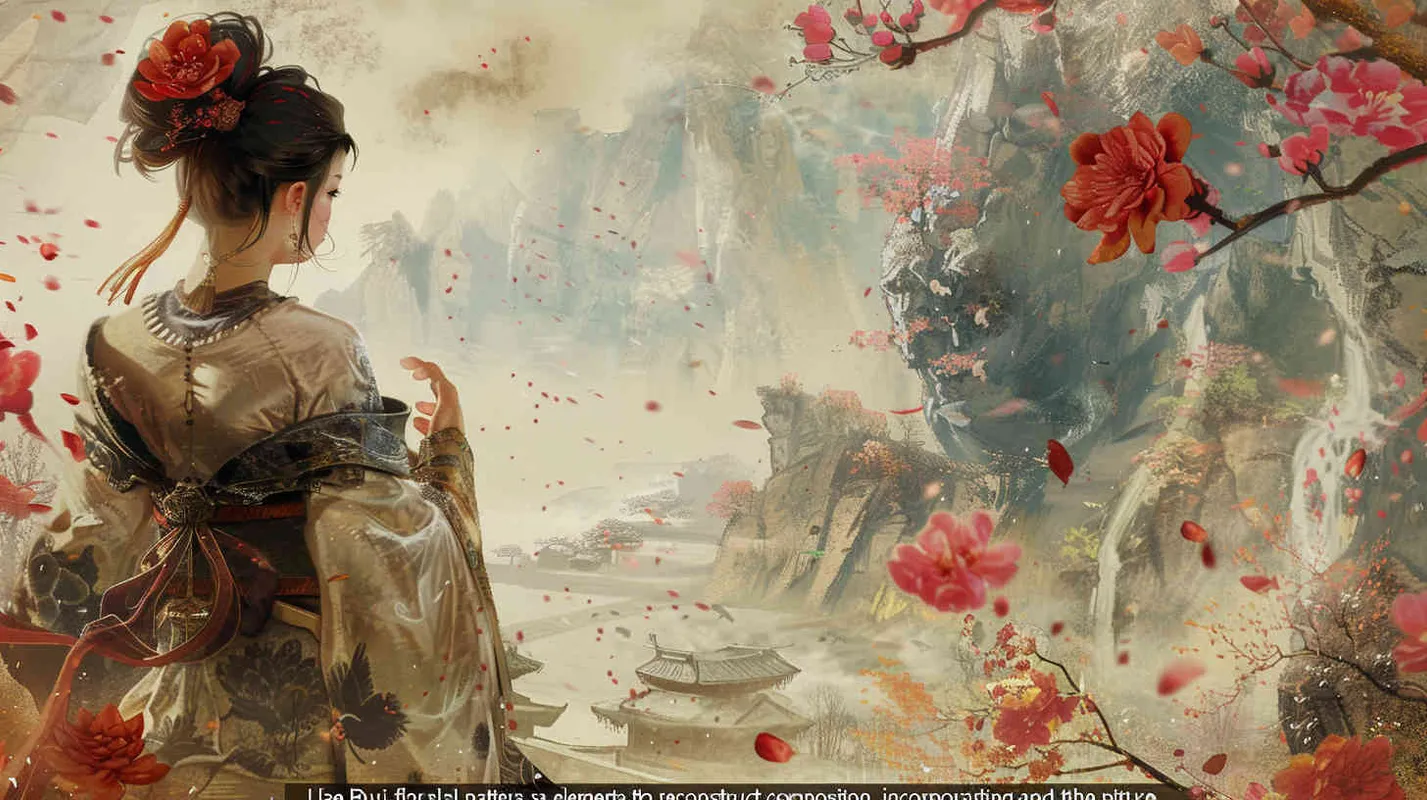 用如意花卉纹作为元素重新构成中国画捣练图，穆夏的画风，画面华丽重雕饰 – AI绘画作品展示 | Midjourney中文版生成