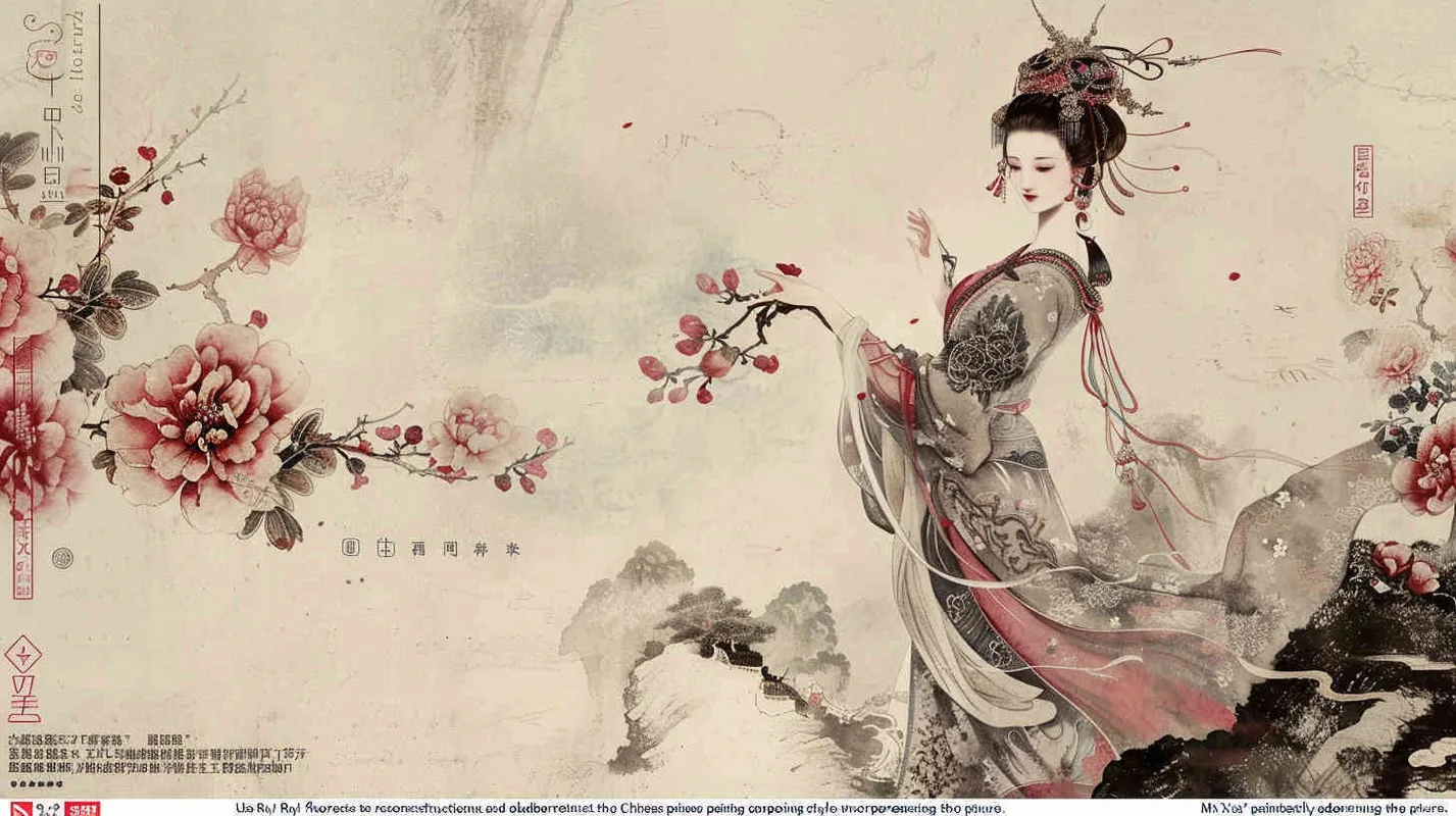 用如意花卉纹作为元素重新构成中国画捣练图，穆夏的画风，画面华丽重雕饰 - style2部分