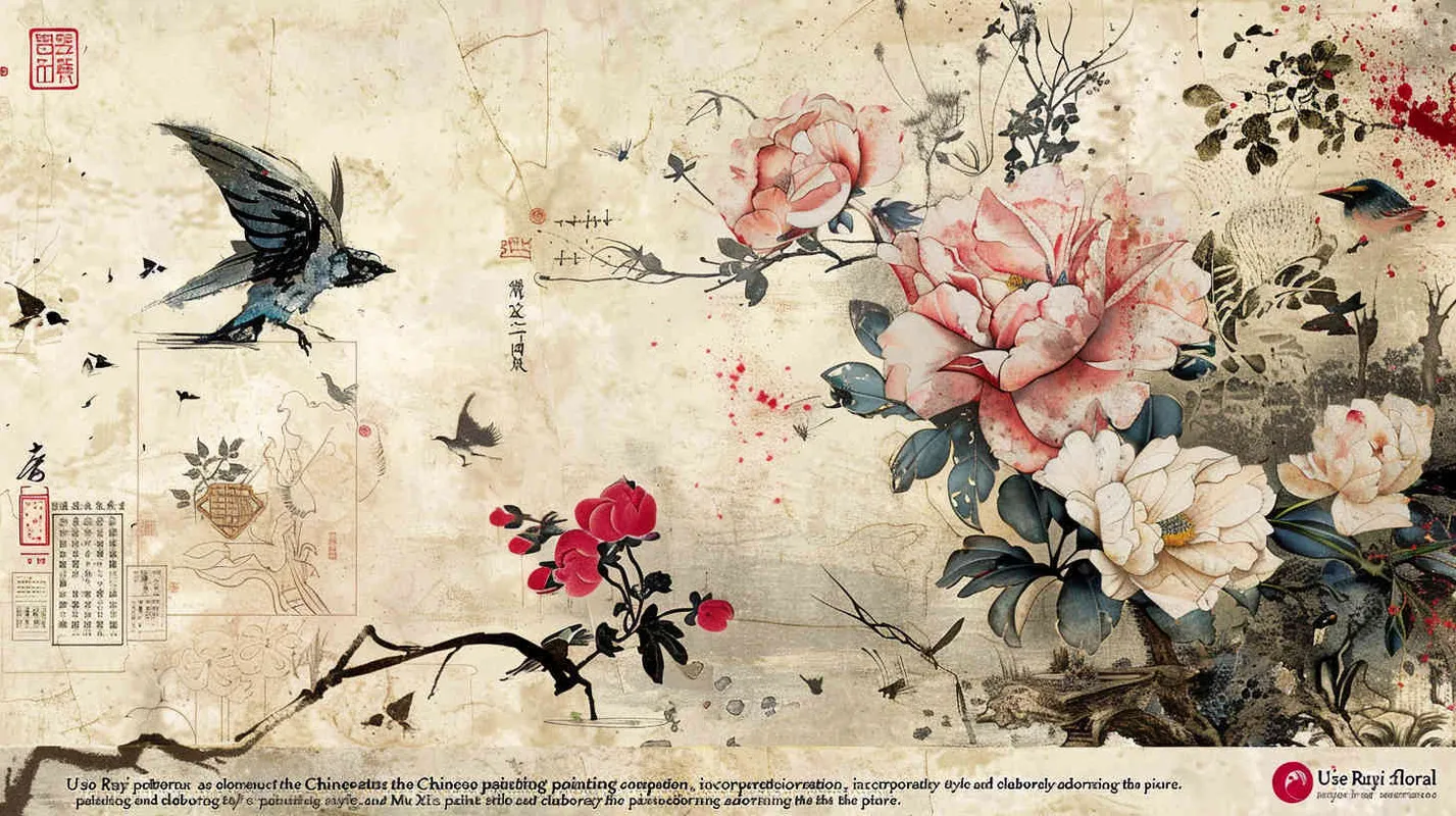 用如意花卉纹作为元素重新构成中国画捣练图，穆夏的画风，画面华丽重雕饰 - style3部分
