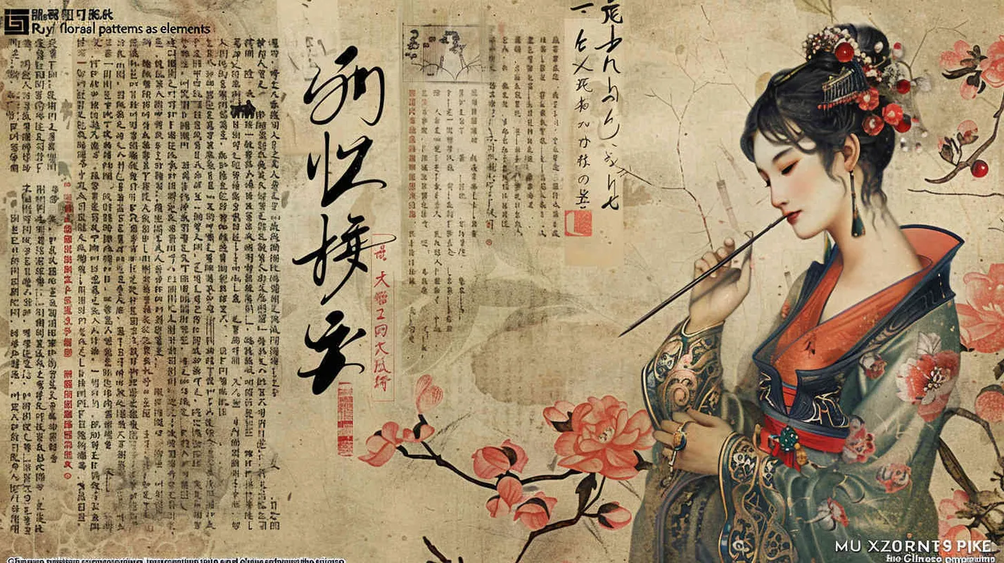用如意花卉纹作为元素重新构成中国画捣练图，穆夏的画风，画面华丽重雕饰 - style4部分