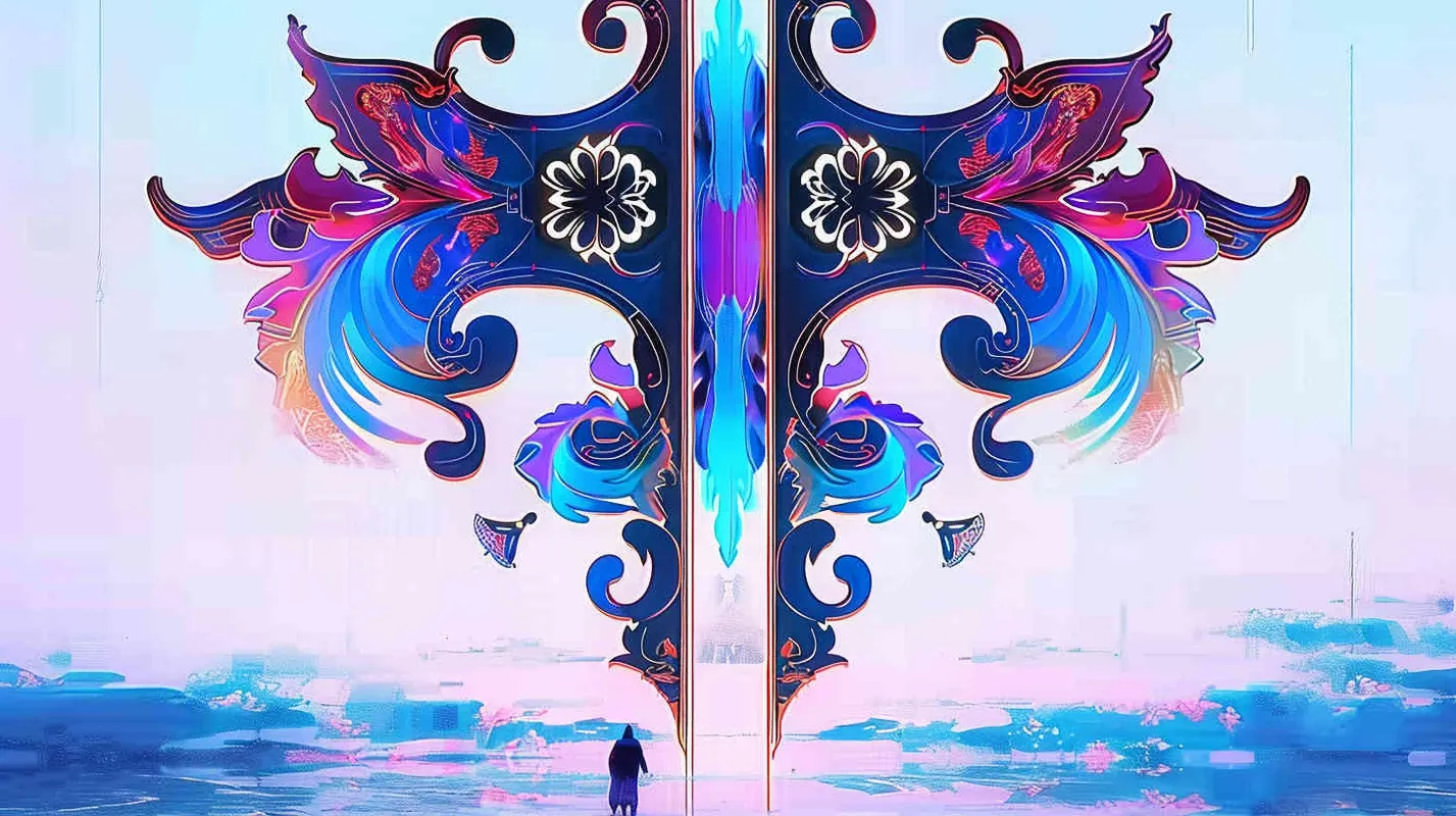 中国传统纹样做设计元素构建海边梦幻场景，大场景，元宇宙，未来感，赛博朋克，蓝紫色调 - style2部分