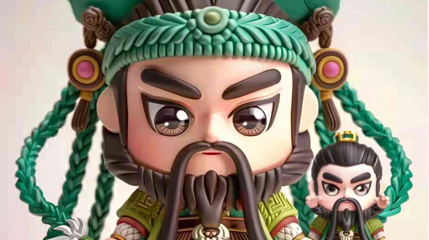 可爱的三国人物关羽手拿青龙刀的卡通形象，IP形象，全身，三视图，关羽的正面图，关羽的正侧面图，关羽的背面图，绿色的头巾，大眼睛，长胡子，绿色披风，更多细节，白色背景，popmart风格，盲盒，赛博朋克  - style2部分