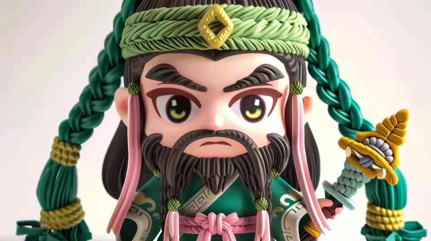 可爱的三国人物关羽手拿青龙刀的卡通形象，IP形象，全身，三视图，关羽的正面图，关羽的正侧面图，关羽的背面图，绿色的头巾，大眼睛，长胡子，绿色披风，更多细节，白色背景，popmart风格，盲盒，赛博朋克  - style2部分