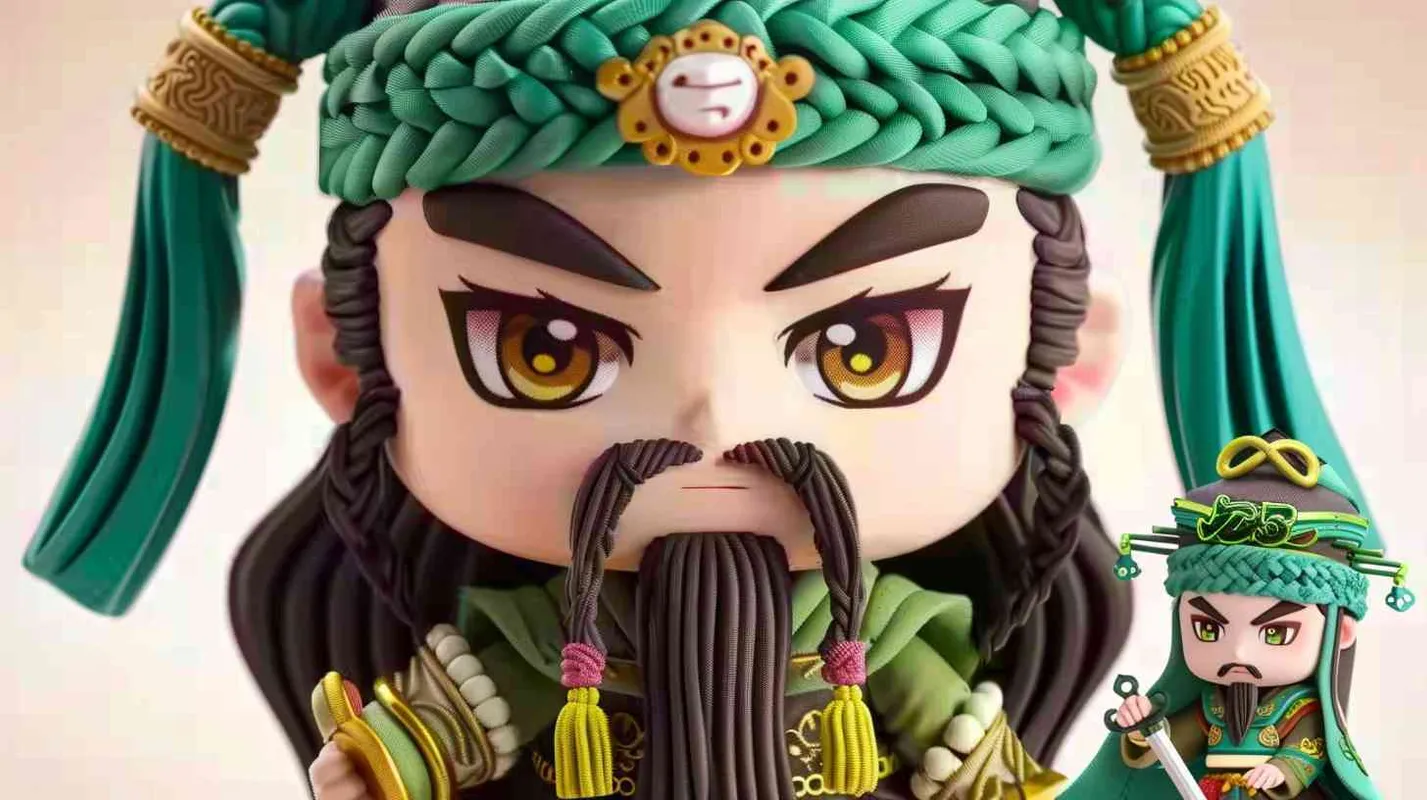 可爱的三国人物关羽手拿青龙刀的卡通形象，IP形象，全身，三视图，关羽的正面图，关羽的正侧面图，关羽的背面图，绿色的头巾，大眼睛，长胡子，绿色披风，更多细节，白色背景，popmart风格，盲盒，赛博朋克  - style3部分