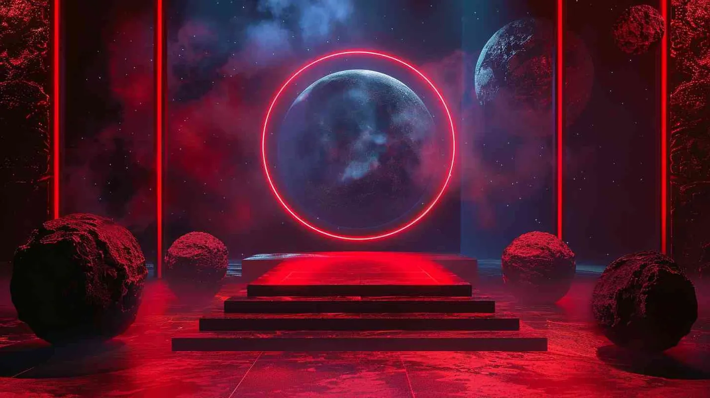 圆形舞台，环形LED大屏幕，舞台两侧有宇宙星球装饰，红色灯光，时尚潮流，科技感，远景 - style2部分
