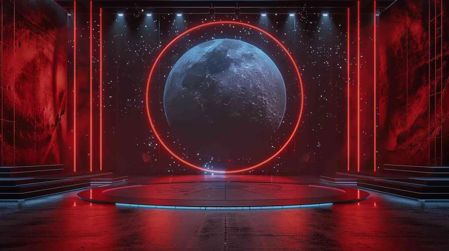圆形舞台，环形LED大屏幕，舞台两侧有宇宙星球装饰，红色灯光，时尚潮流，科技感，远景 - style3部分