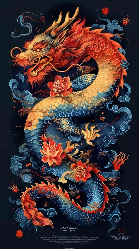 中国生效龙，色线艳丽，富贵，色彩明快，扁平风格 - style1部分