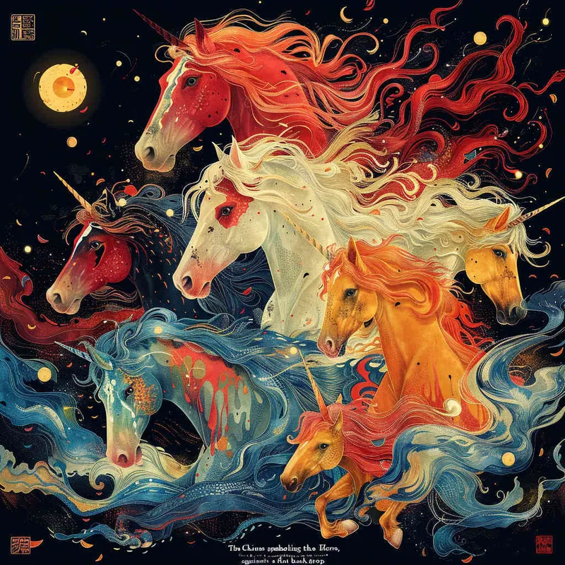 中国生肖马，色线艳丽，富贵，色彩明快，扁平风格，纯黑背景  - style2部分