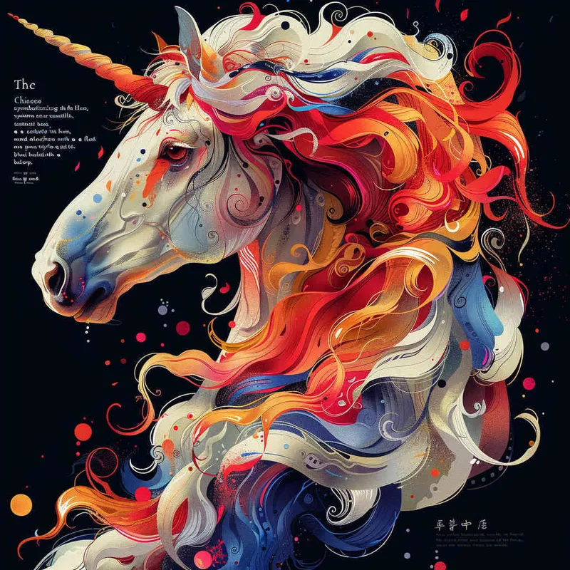 中国生肖马，色线艳丽，富贵，色彩明快，扁平风格，纯黑背景  - style3部分