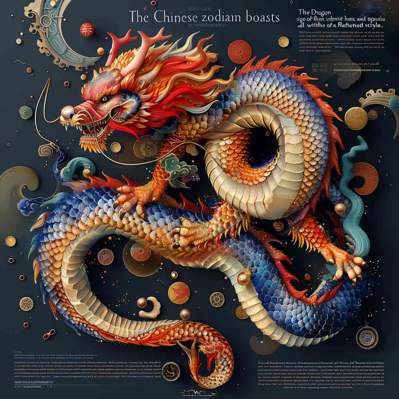 中国生肖龙，色线艳丽，富贵，色彩明快，扁平风格 - style1部分