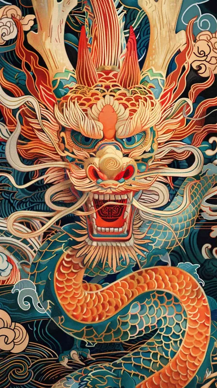 中国生效龙，色线艳丽，富贵，色彩明快，扁平风格 - style3部分