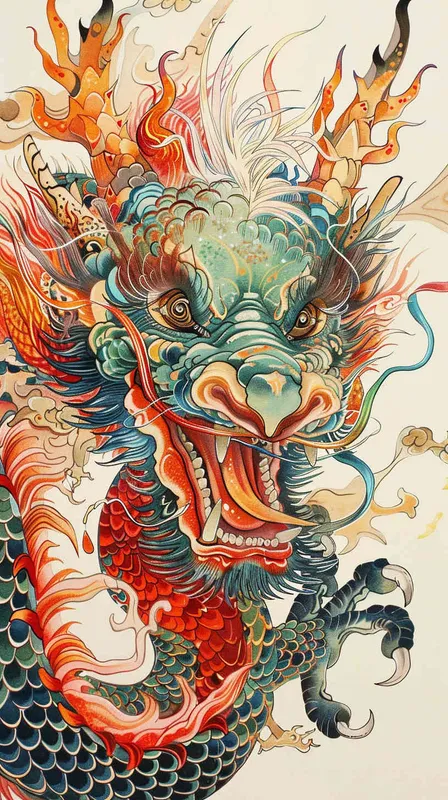 中国生效龙，色线艳丽，富贵，色彩明快，扁平风格 - style4部分