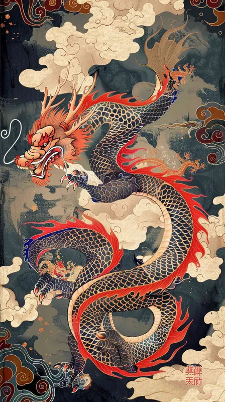 中国生效龙，色线艳丽，富贵，色彩明快，扁平风格 - style1部分