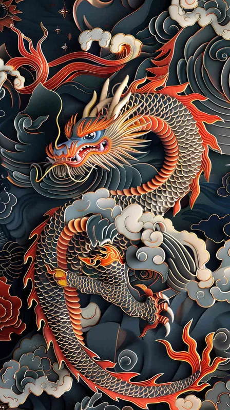 中国生效龙，色线艳丽，富贵，色彩明快，扁平风格 - style4部分