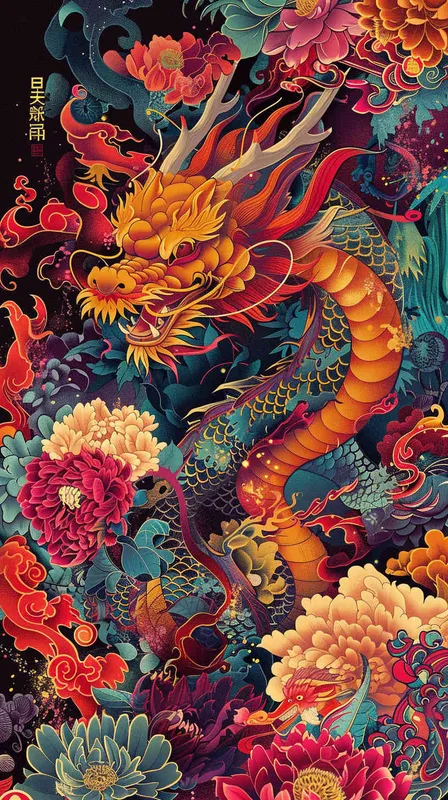 中国传统花卉纹样组成的龙年吉祥海报，色彩明亮，大师设计，穆夏风格 - style1部分