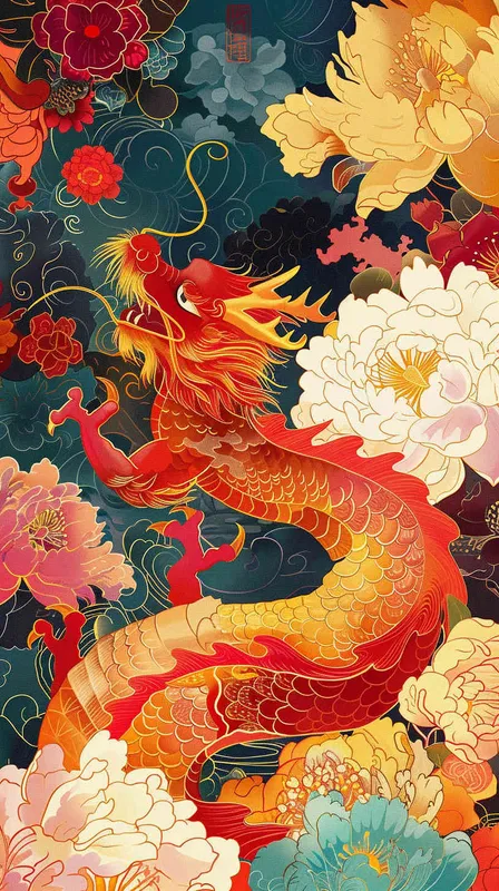 中国传统花卉纹样组成的龙年吉祥海报，色彩明亮，大师设计，穆夏风格 - style3部分