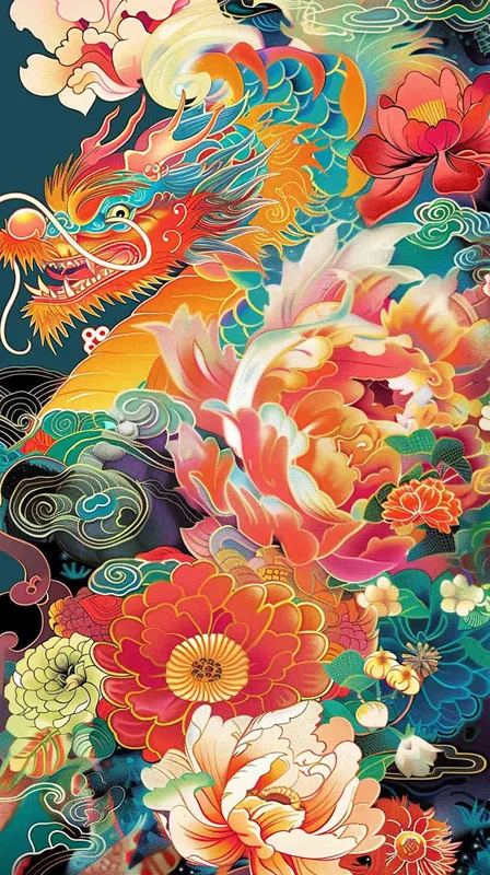 中国传统花卉纹样组成的龙年吉祥海报，色彩明亮，大师设计，穆夏风格 - style4部分