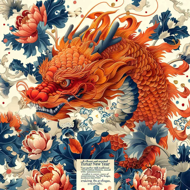 中国传统花卉纹样组成的龙年吉祥海报，色彩明亮，大师设计，穆夏风格  - style1部分