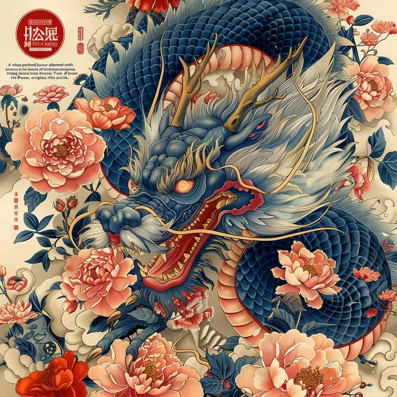 中国传统花卉纹样组成的龙年吉祥海报，色彩明亮，大师设计，穆夏风格  - style2部分