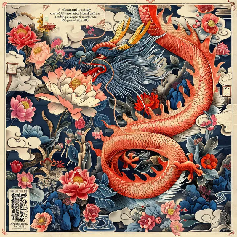 中国传统花卉纹样组成的龙年吉祥海报，色彩明亮，大师设计，穆夏风格  - style3部分