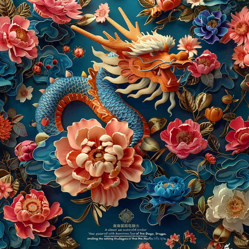 中国传统花卉纹样组成的龙年吉祥海报，色彩明亮，大师设计，穆夏风格  - style4部分