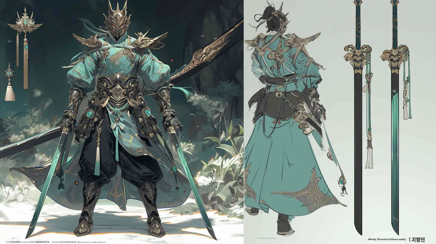1️⃣ chibi style, Goryeo general wearing green and gold armor with an elaborate helmet holding two scimitars, full body shot, game icon, fantasy art style, 2d game art, fantasy character design, green and brown color scheme, fantasy illustration, game asset in the style of a Goryeo general wearing green and gold armor with an elaborate helmet holding two scimitars, full body shot, game icon, fantasy art style, 2d game art, fantasy character design, green and brown color scheme, fantasy illustration, game asset  - style2部分