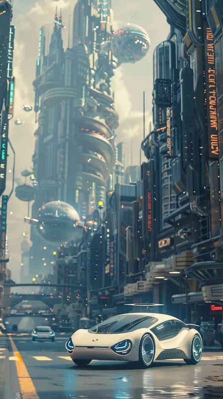 未来世界，机器人，飞行汽车 - AI绘画作品展示 | Midjourney中文版生成