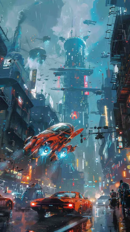 未来世界，机器人，飞行汽车 - AI绘画作品展示 | Midjourney中文版生成
