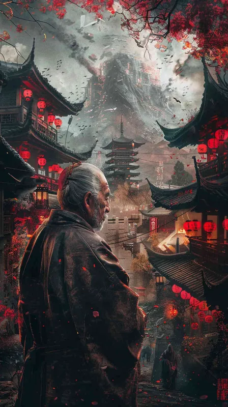 亚洲面孔，老人，看着未来世界，地球核污染 - style3部分