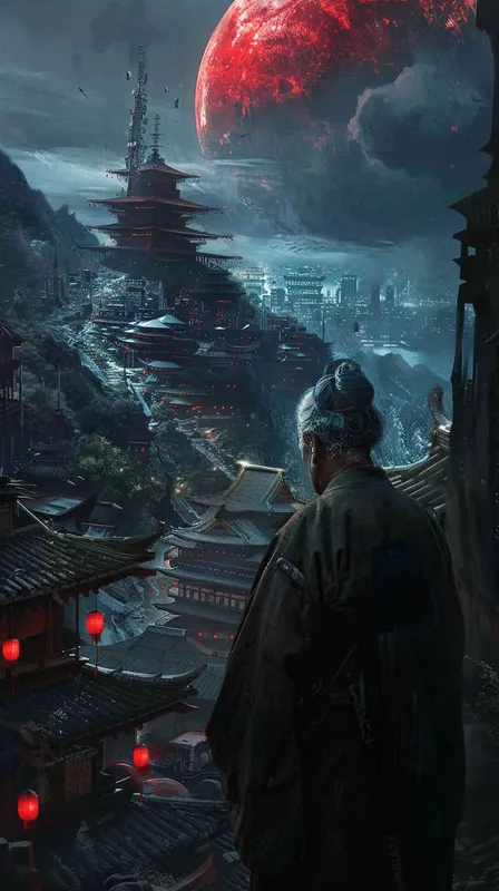 亚洲面孔，老人，看着未来世界，地球核污染 - style4部分
