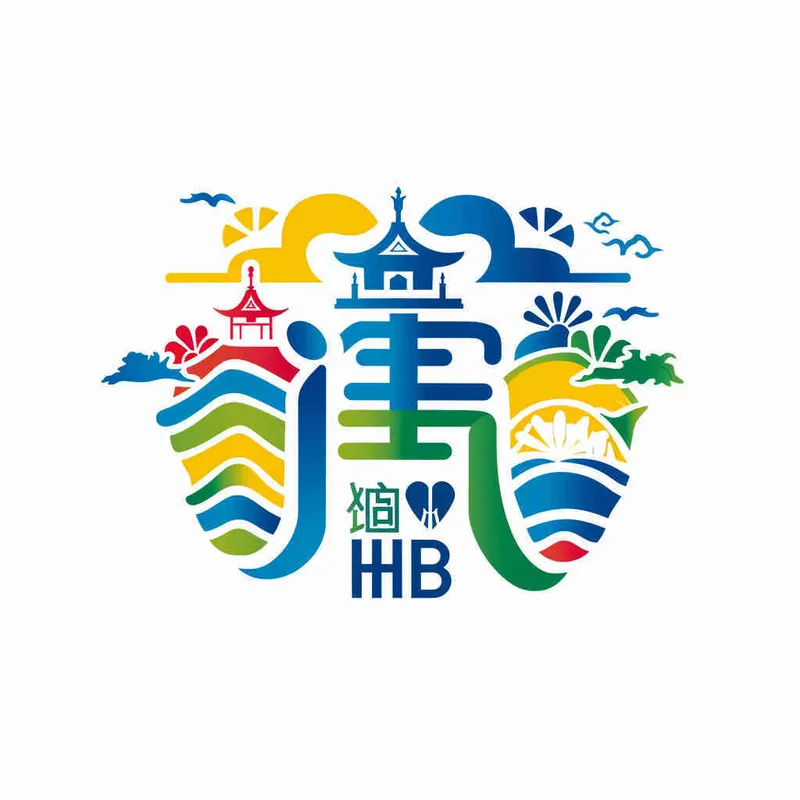 为湖北文旅生成一个Logo，以字母HB生成Logo，颜色明快，以蓝色为主色调，搭配绿色、黄色和红色，图片和文字结合，纯白色背景，矢量图标 - style2部分