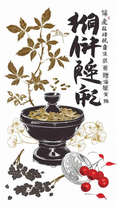 为中药英文翻译宣传生成一个Logo，以中国传统元素作为点缀，以金色为主色调，搭配黑色、红色，图片和文字结合，纯白色背景，矢量图标 - style1部分
