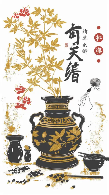 为中药英文翻译宣传生成一个Logo，以中国传统元素作为点缀，以金色为主色调，搭配黑色、红色，图片和文字结合，纯白色背景，矢量图标 - style2部分