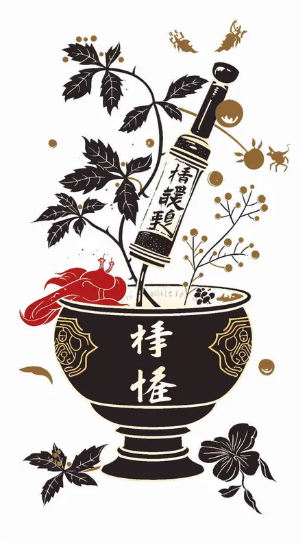 为中药英文翻译宣传生成一个Logo，以中国传统元素作为点缀，以金色为主色调，搭配黑色、红色，图片和文字结合，纯白色背景，矢量图标 - style1部分