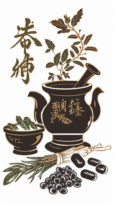 为中药英文翻译宣传生成一个Logo，以中国传统元素作为点缀，以金色为主色调，搭配黑色、红色，图片和文字结合，纯白色背景，矢量图标 - style2部分