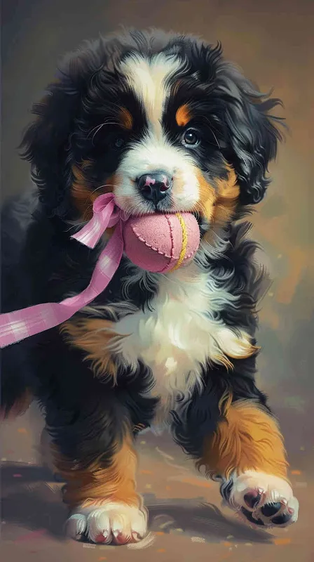 伯恩山幼犬戴着粉色蝴蝶结嘴里叼着玩具小球 - style2部分