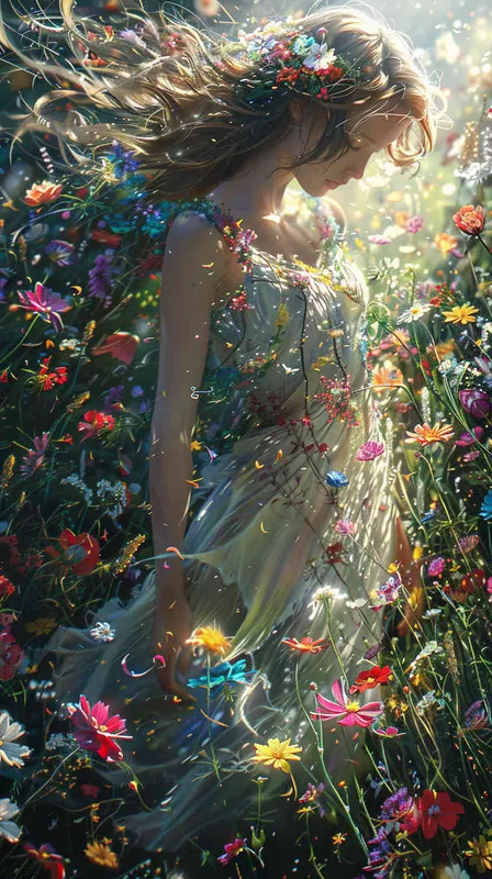 探索春天的光辉，沐浴在灿烂的光芒中，花海与漩涡围绕，奇妙的梦幻景象。 - style2部分