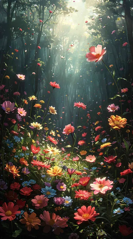 探索春天的光辉，沐浴在灿烂的光芒中，花海与漩涡围绕，奇妙的梦幻景象。 - style3部分