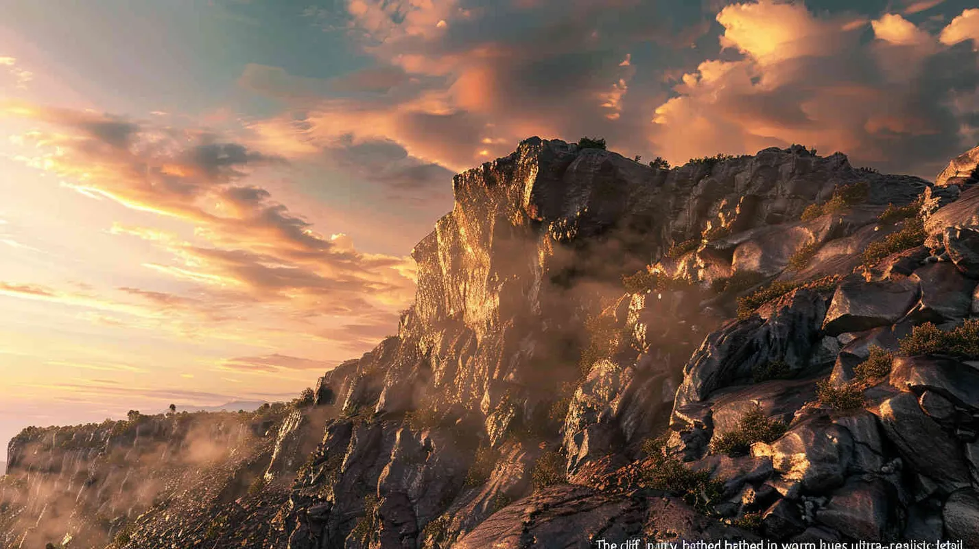 山崖近景，清晨，暖色调，超写实，8K  - style4部分