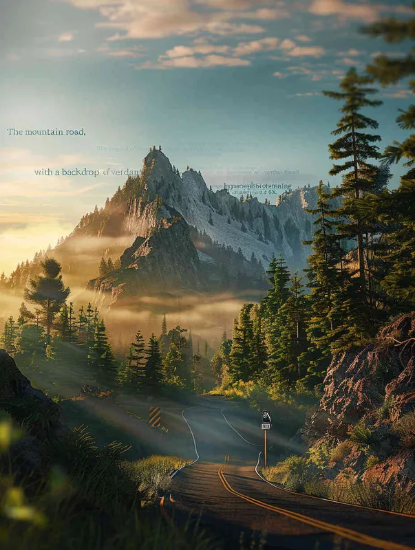 清晨山路的近景，背景有绿色的山林，暖色调，超写实，8K  - style1部分