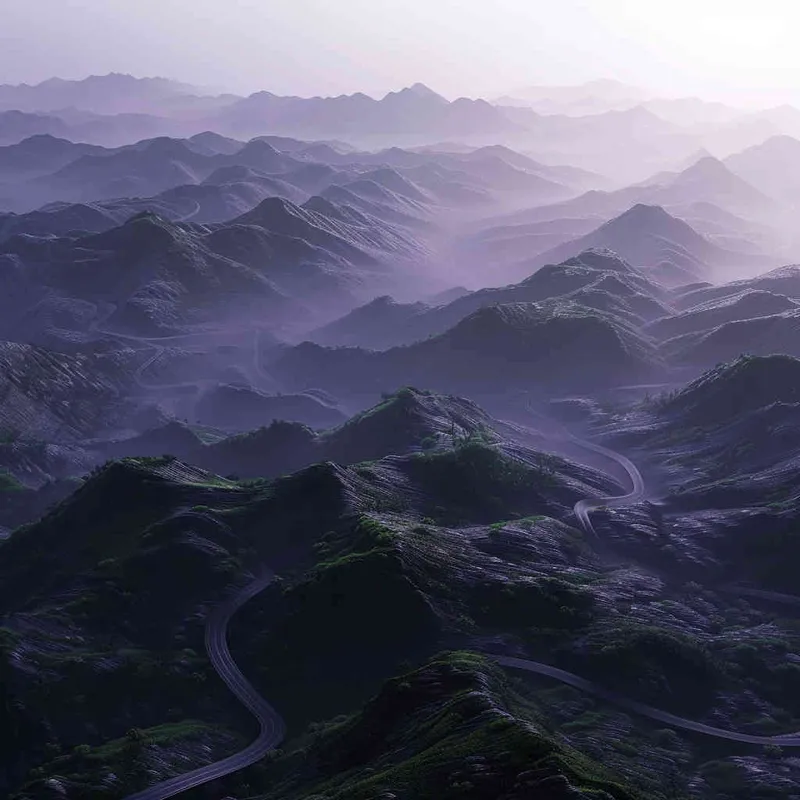 山地，从左到右的路，清晨，暖色调，真实摄影，4k  – AI绘画作品展示 | Midjourney中文版生成