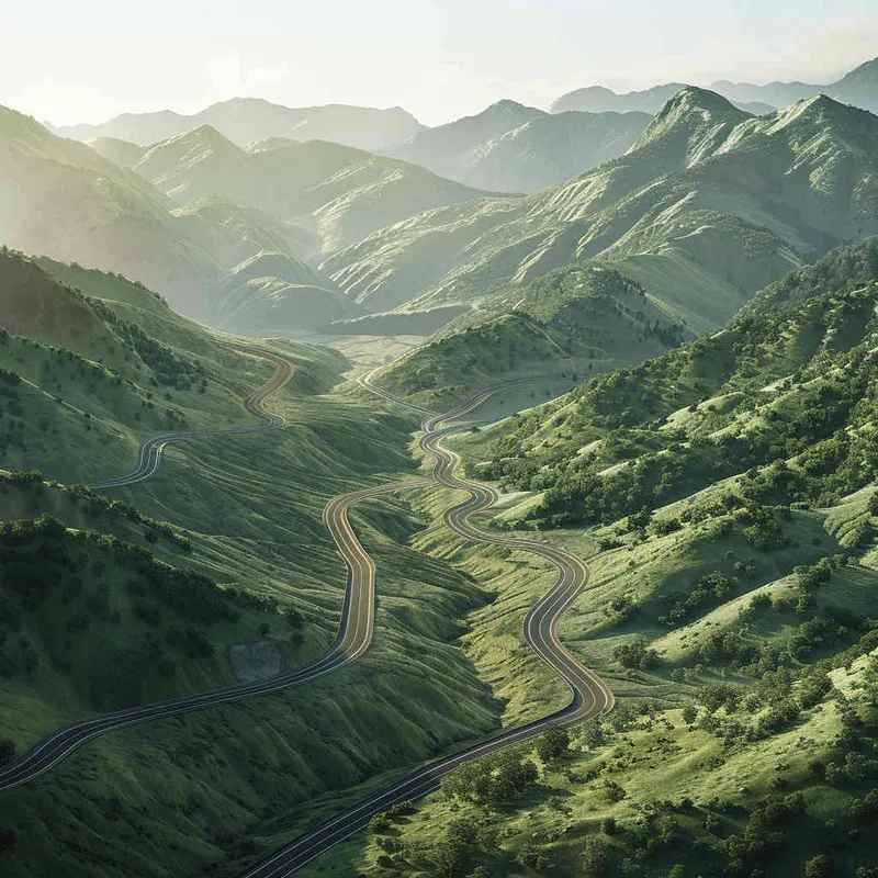 山地，从左到右的路，清晨，暖色调，真实摄影，4k  - style4部分
