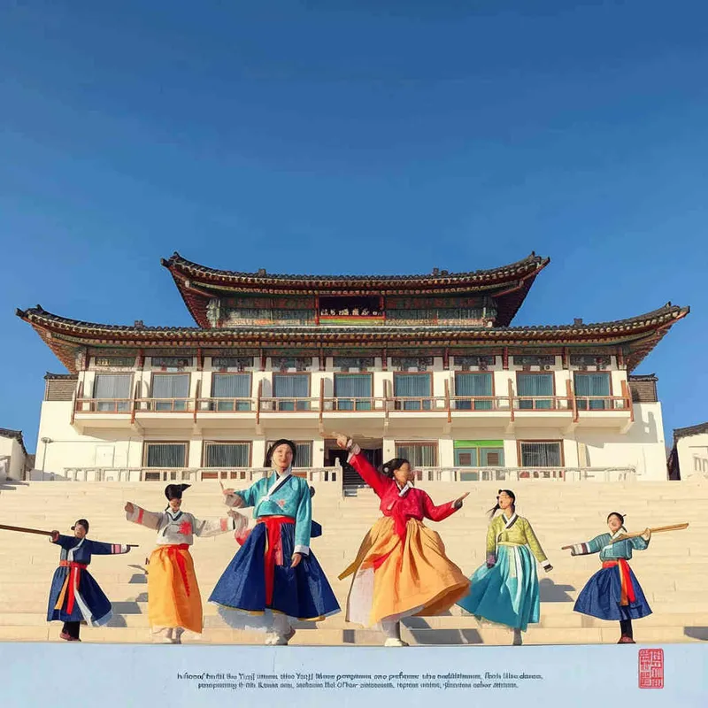 延吉博物馆前跳民族舞，扁平插画，朝鲜族配色 - style2部分