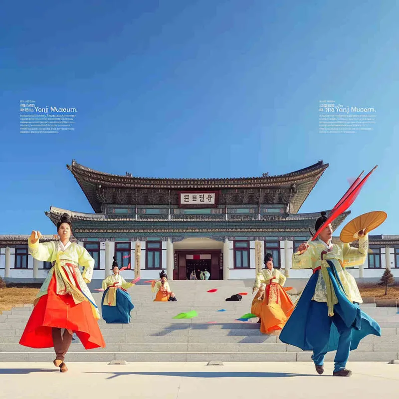 延吉博物馆前跳民族舞，扁平插画，朝鲜族配色 - style3部分