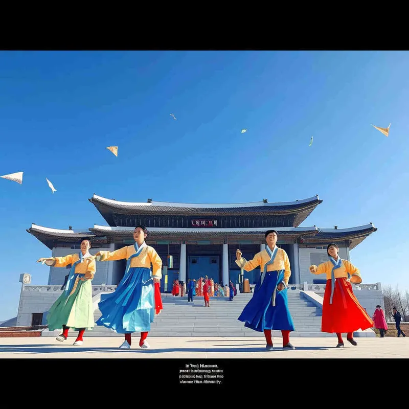 延吉博物馆前跳民族舞，扁平插画，朝鲜族配色 - style4部分