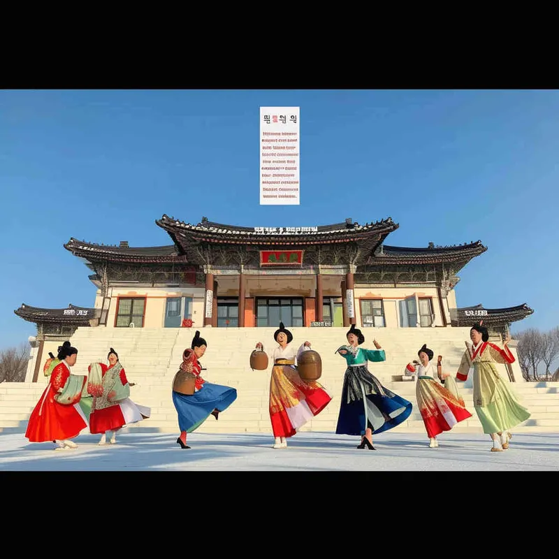 宫崎俊插画风格，延吉博物馆前跳民族舞，扁平插画，朝鲜族配色 - style1部分